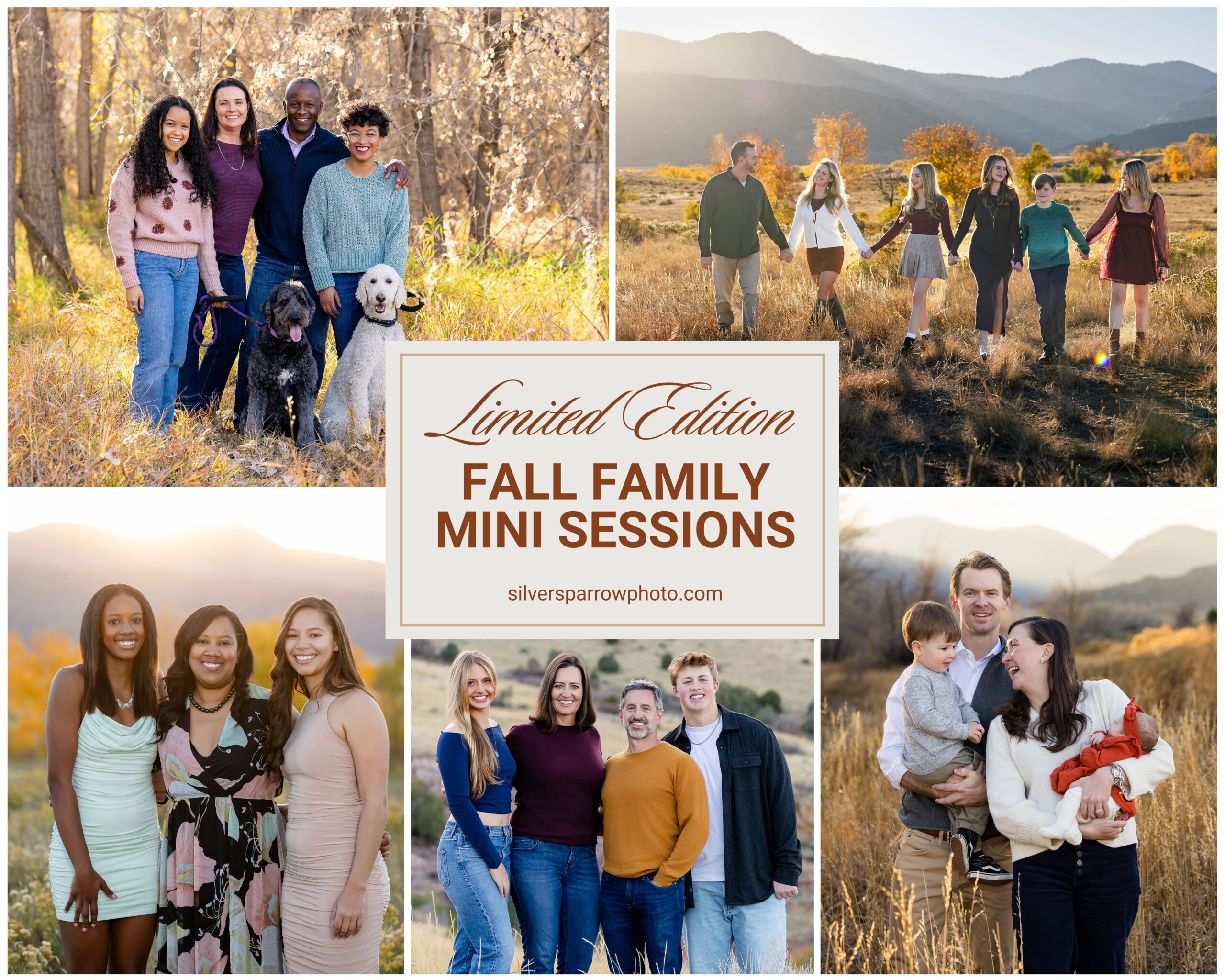 collage of fall family portraits in denver colorado